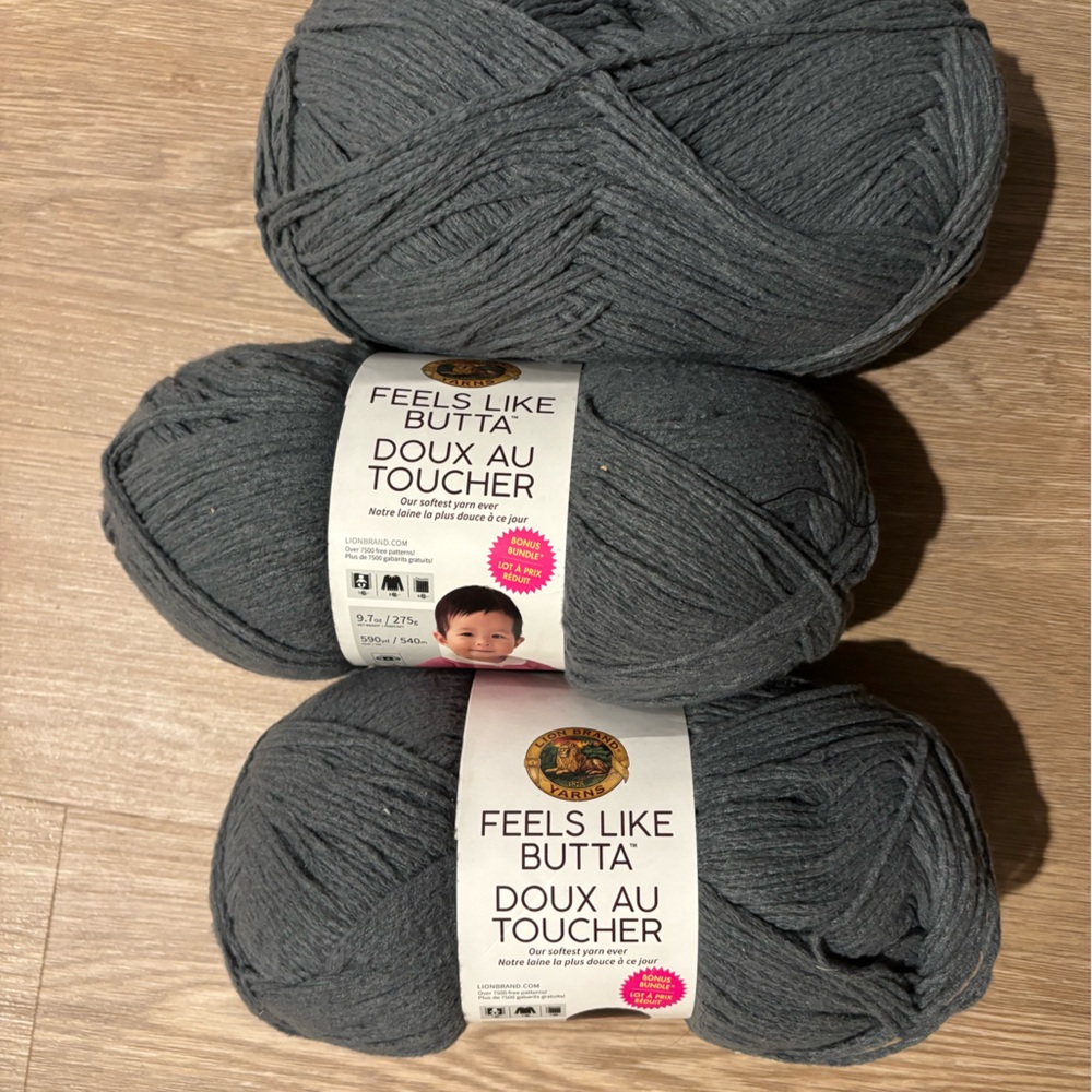 Lion Brand Feels Like Butta yarn in Charcoal. 590 yards/skein. 3 skeins